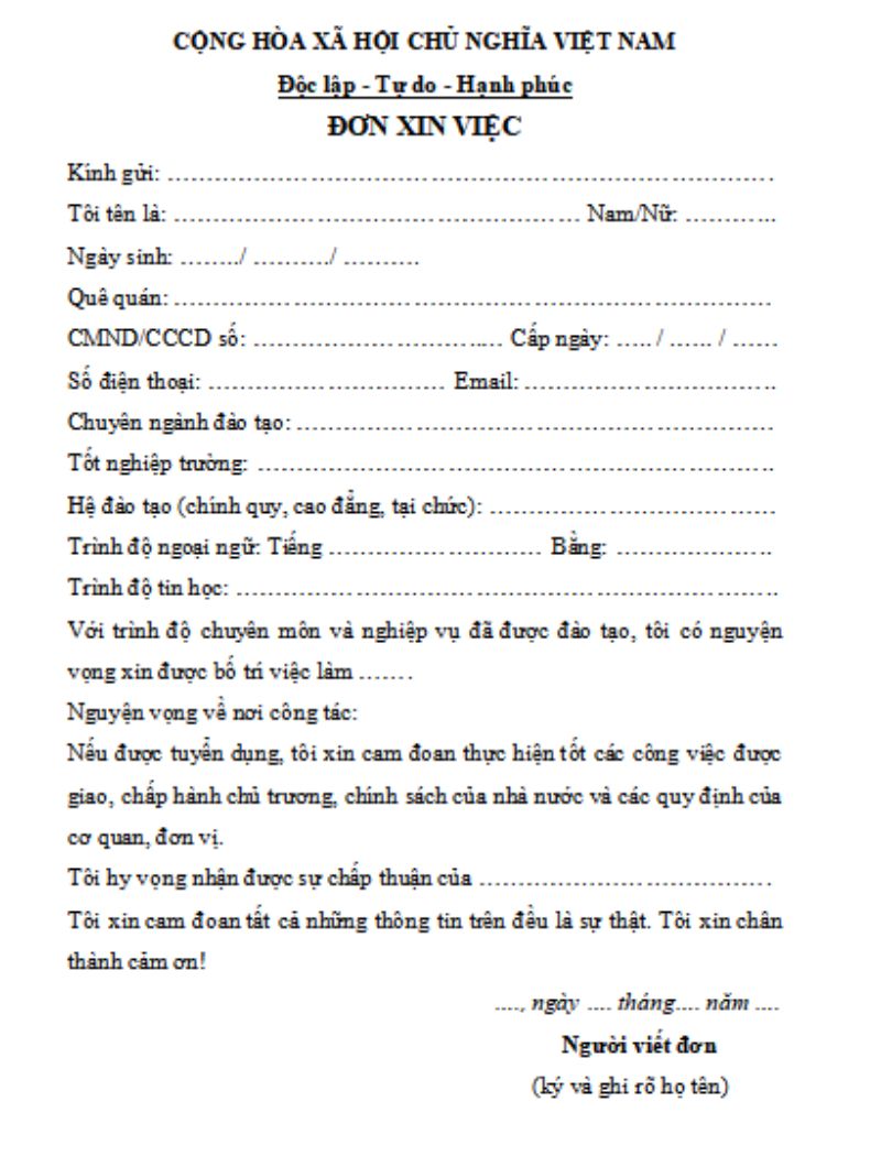 Mẫu đơn xin việc cơ quan nhà nước
