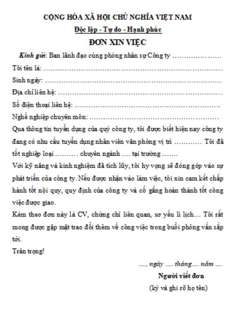 Mẫu đơn xin việc nhân viên văn phòng/công ty