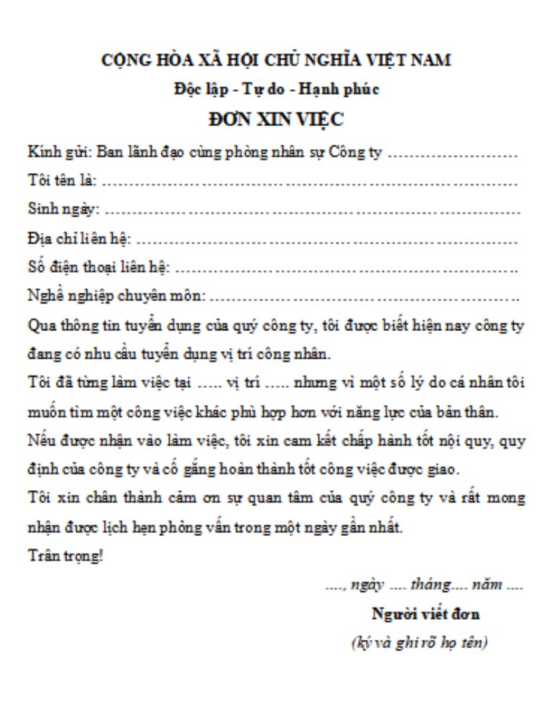 Mẫu đơn xin việc công nhân/khu công nghiệp