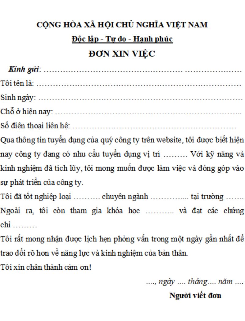 Mẫu đơn xin việc chung cho nhiều ngành nghề