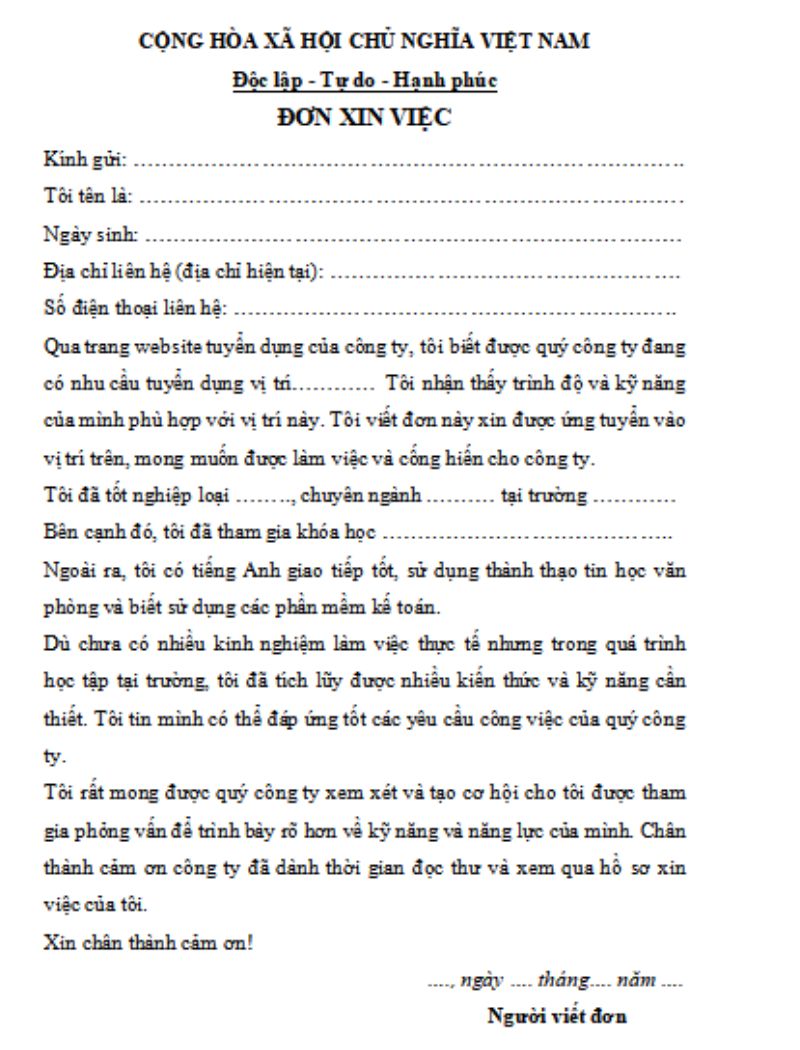Mẫu đơn xin việc viết tay