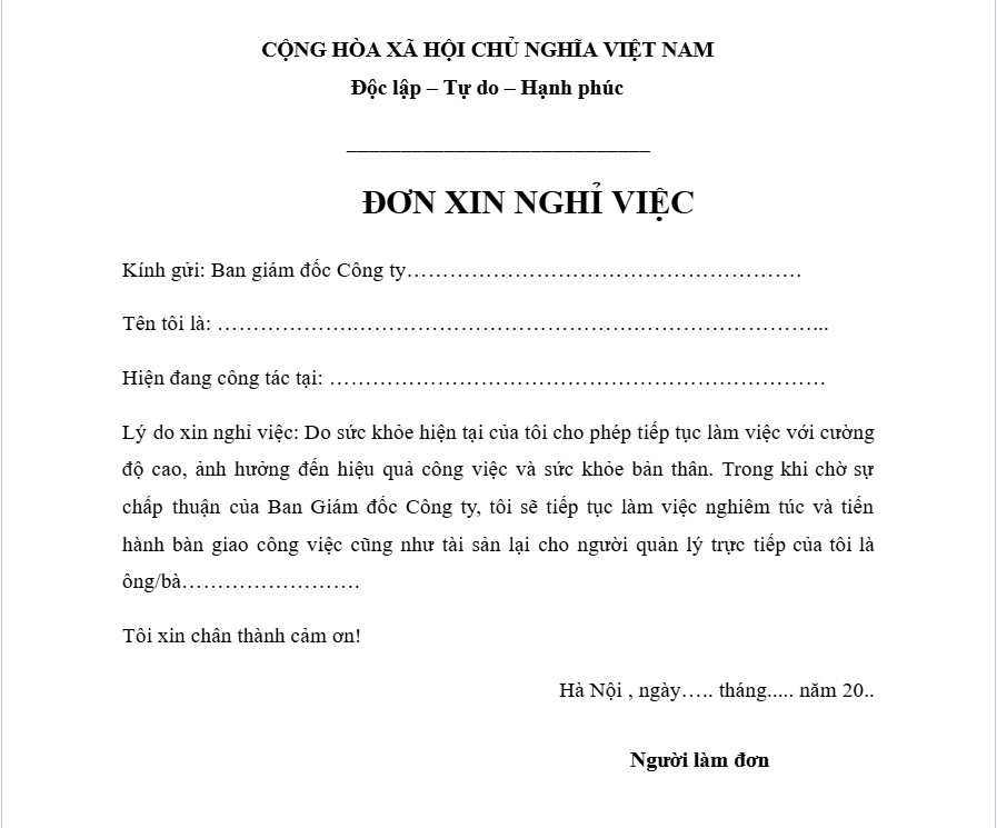 Mẫu đơn xin nghỉ việc vì lý do sức khỏe