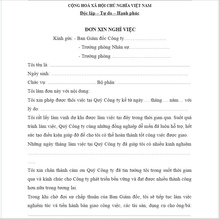 Mẫu đơn xin nghỉ việc viết tay số 1