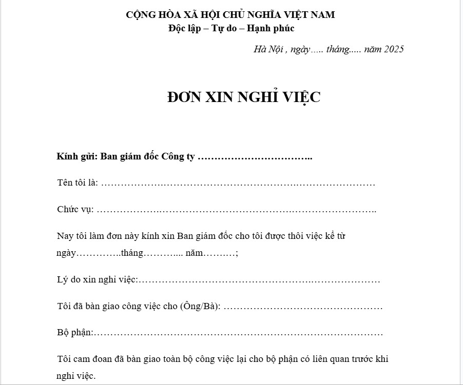 Tải ngay mẫu đơn xin nghỉ việc dạng Word