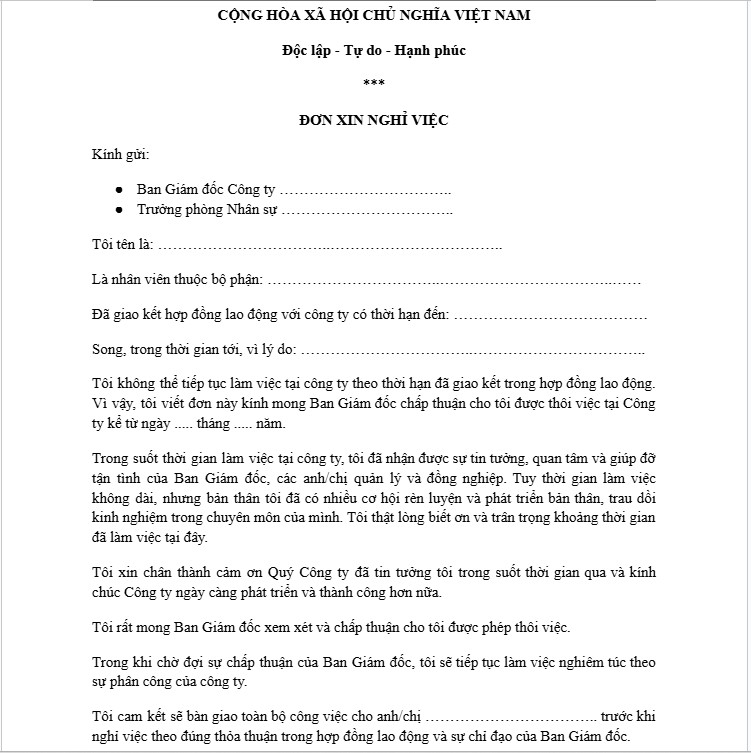 Mẫu đơn xin nghỉ việc công nhân chuẩn nhất