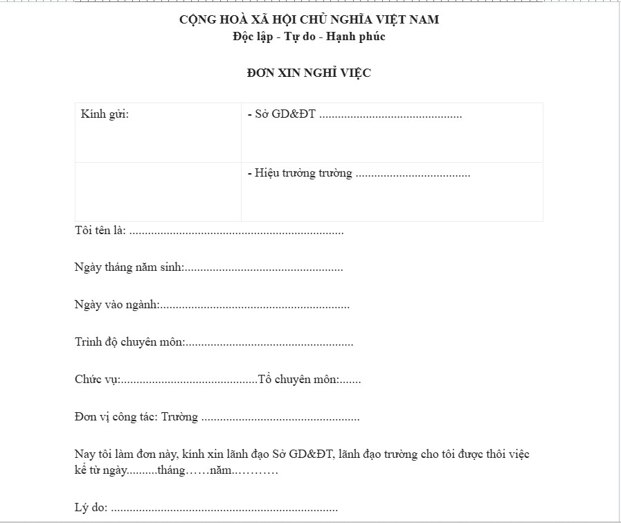 Mẫu đơn xin nghỉ việc của giáo viên mầm non mới nhất