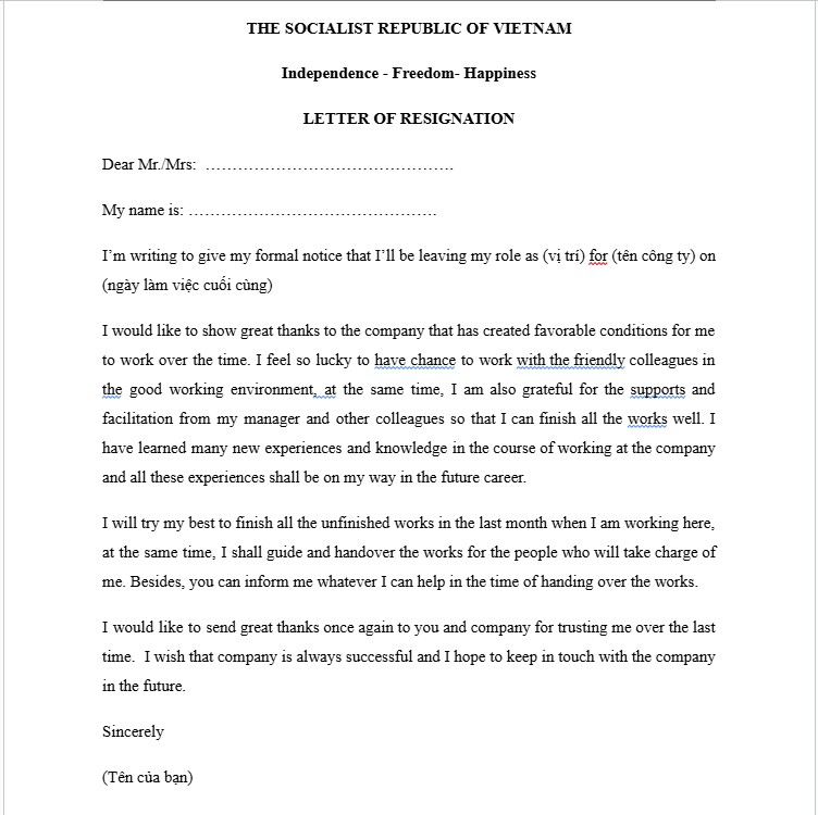 Mẫu đơn nghỉ việc tiếng Anh đầy đủ