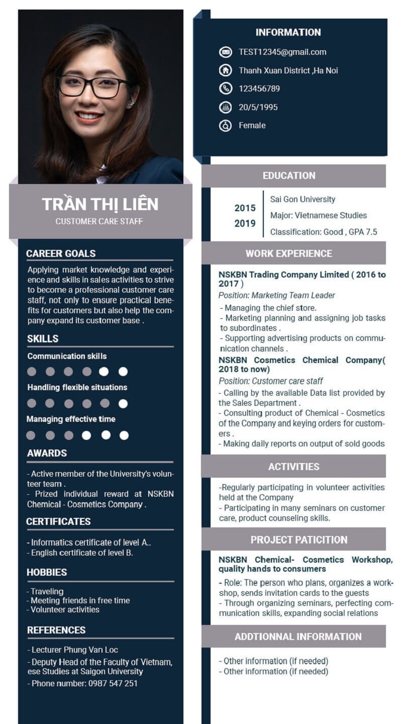 Mẫu CV chăm sóc khách hàng bằng tiếng Anh