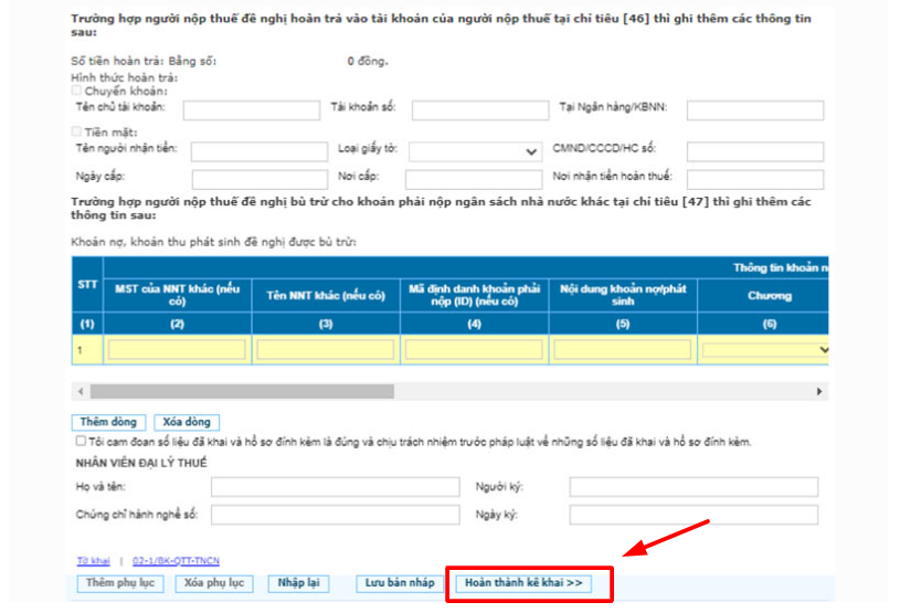 Người nộp thuế kê khai thông tin nộp thuế theo yêu cầu và hoàn thành kê khai