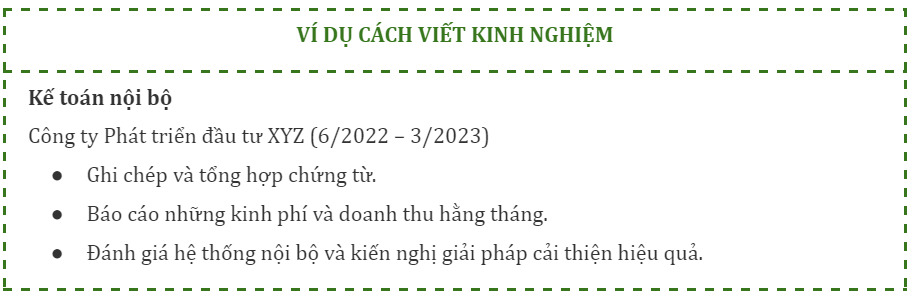 kinh nghiệm làm việc trong cv thực tập sinh kế toán