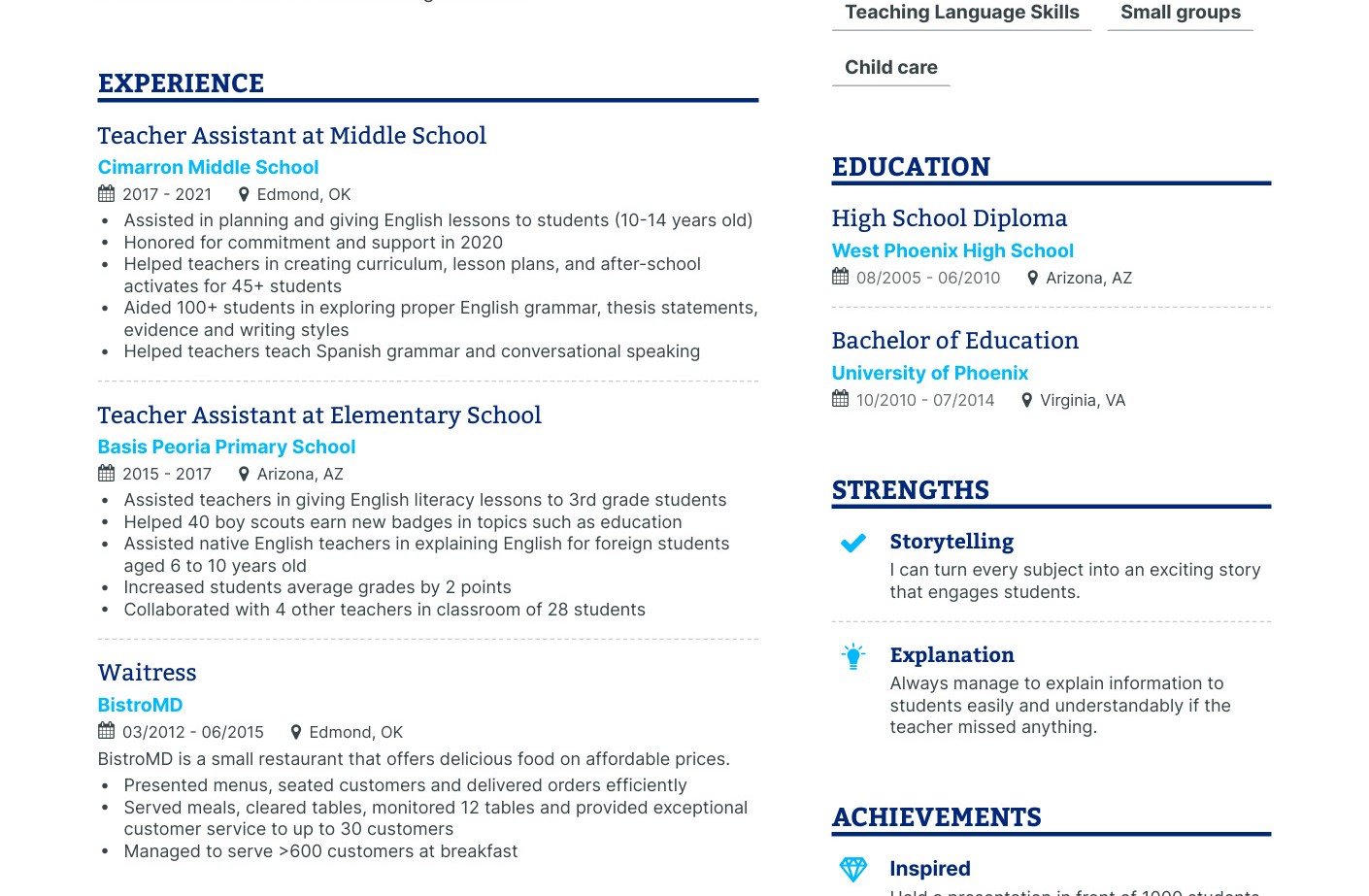 kinh nghiệm làm việc trong cv tiếng anh teaching assistant