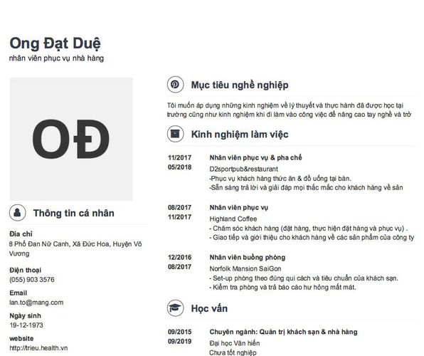 kinh nghiệm làm việc của cv nhân viên phục vụ