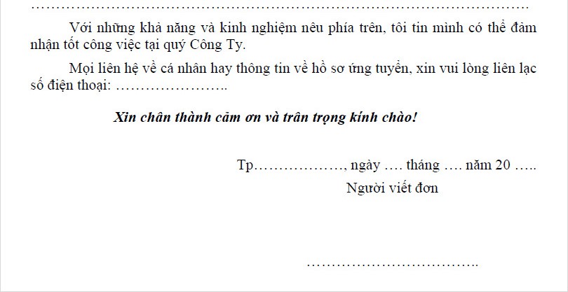 phần kết đơn xin việc lái xe