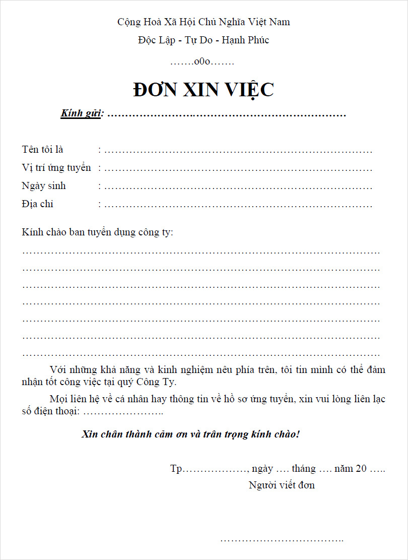 mẫu đơn xin việc lái xe