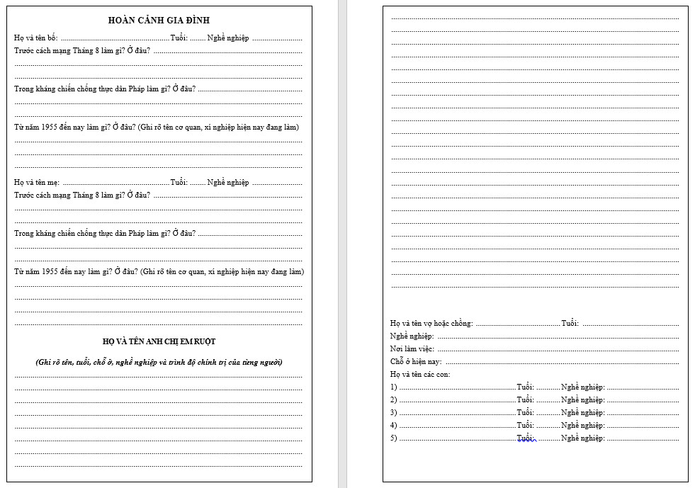 hoàn cảnh gia đình trong sơ yếu lý lịch