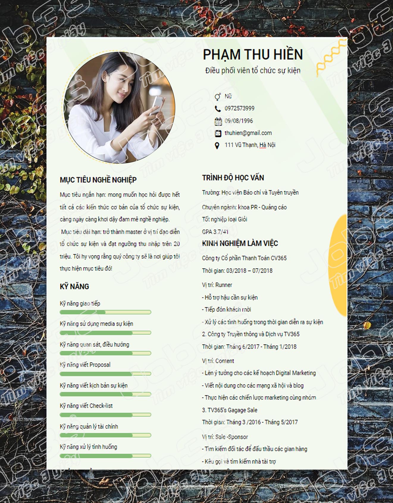 mẫu cv xin việc phổ thông