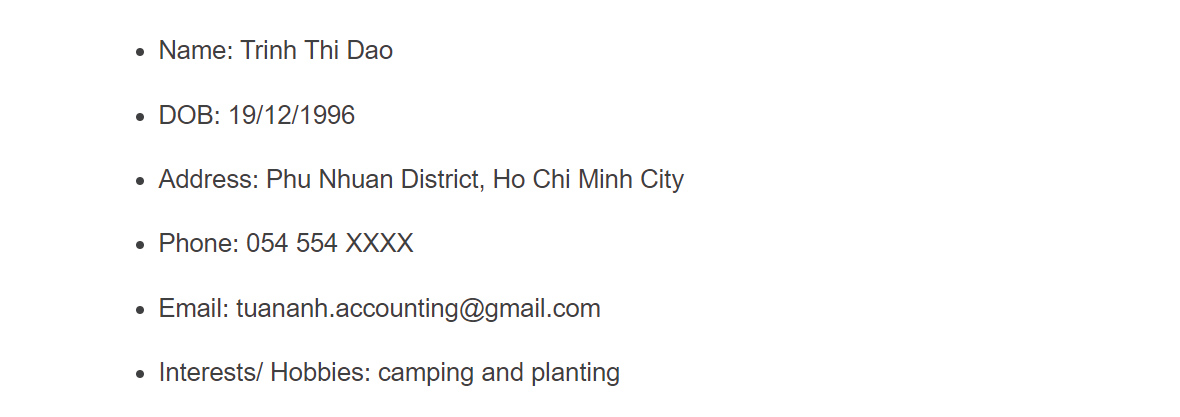 Mẫu viết phần “Thông tin” trong CV tiếng Anh