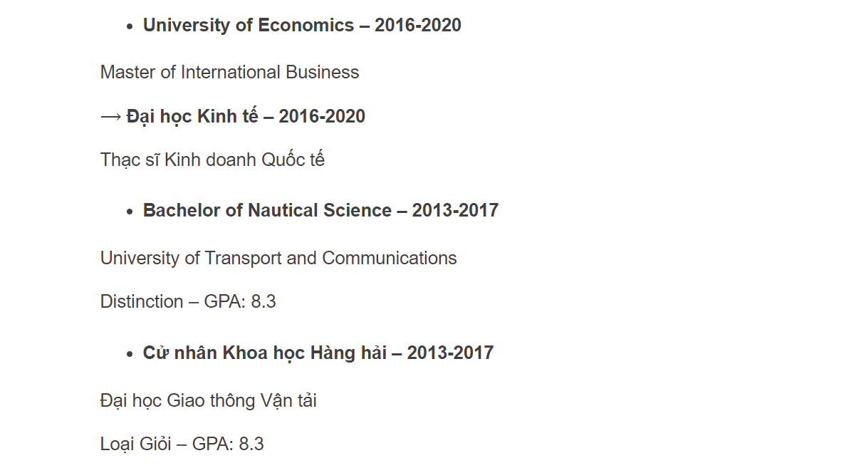 Ví dụ về cách viết trình độ học vấn trong CV xuất - nhập khẩu bằng tiếng Anh