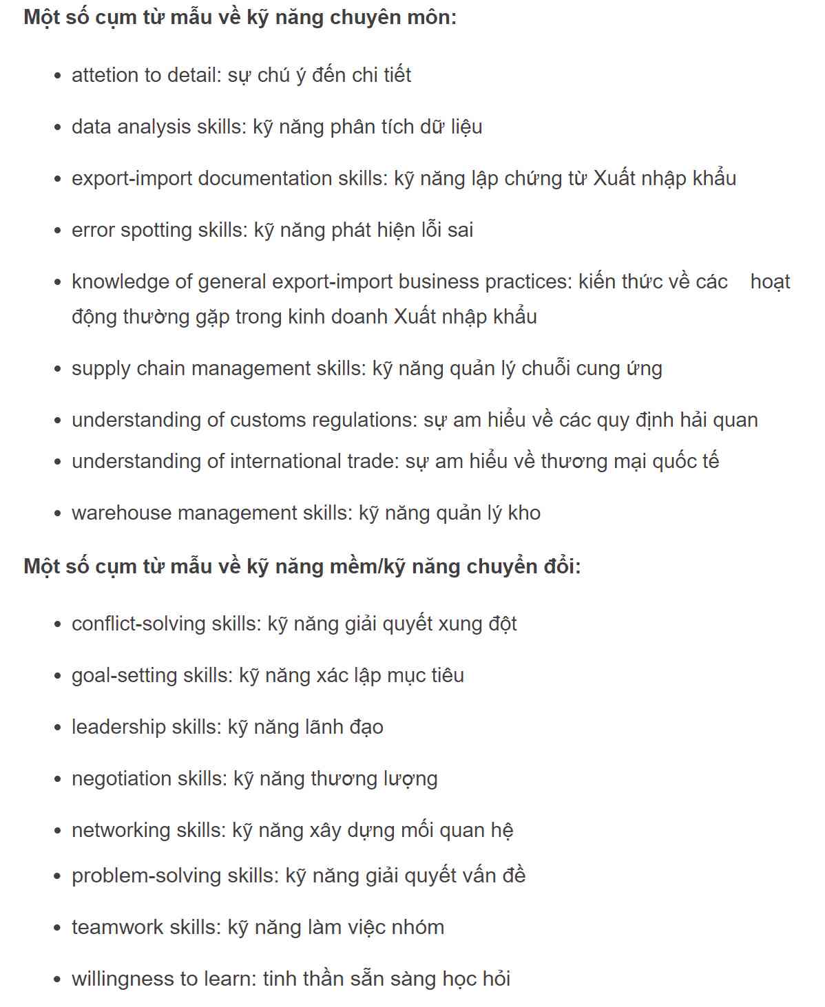 Một số cụm từ sử dụng để nói về kỹ năng khi viết CV tiếng Anh