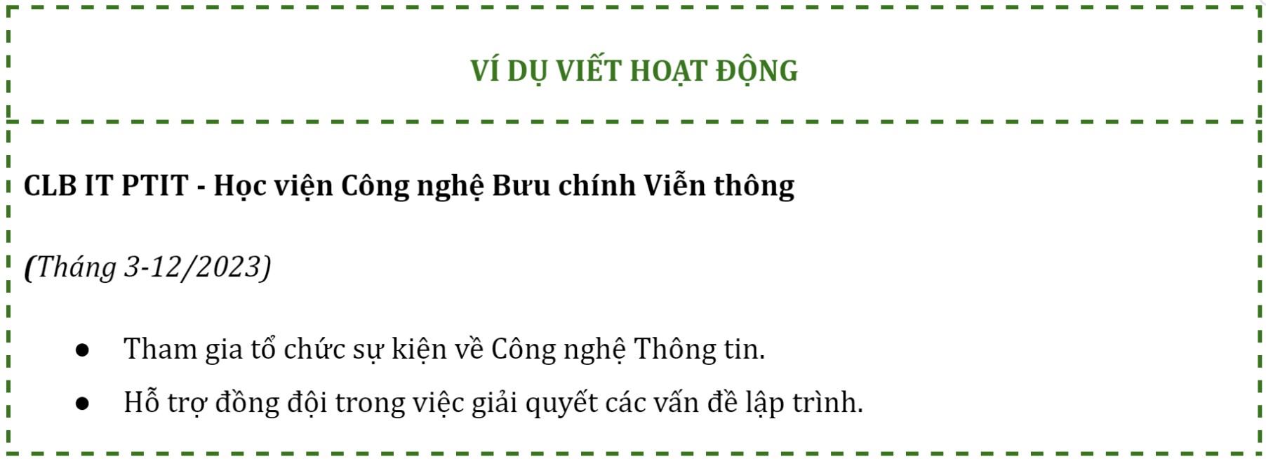 hoạt động trong cv thực tập sinh it