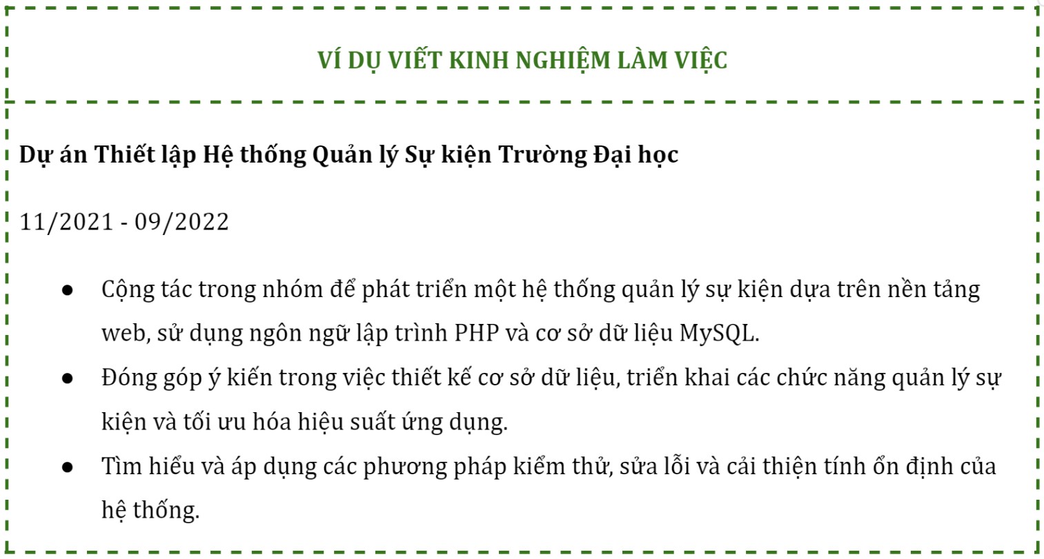 kinh nghiệm làm việc cv thực tập sinh it