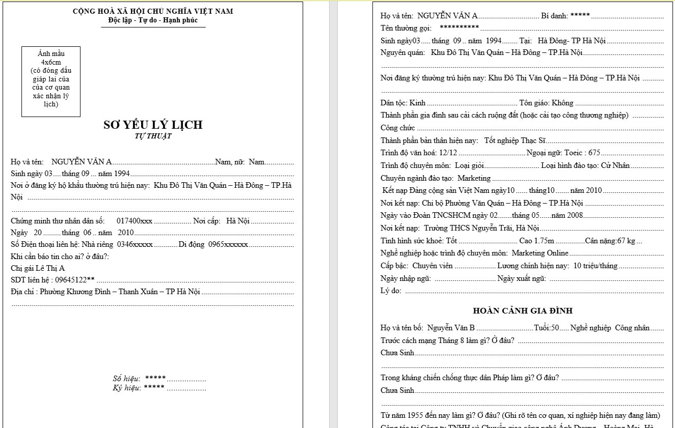 sơ yếu lý lịch trong hồ sơ xin việc 