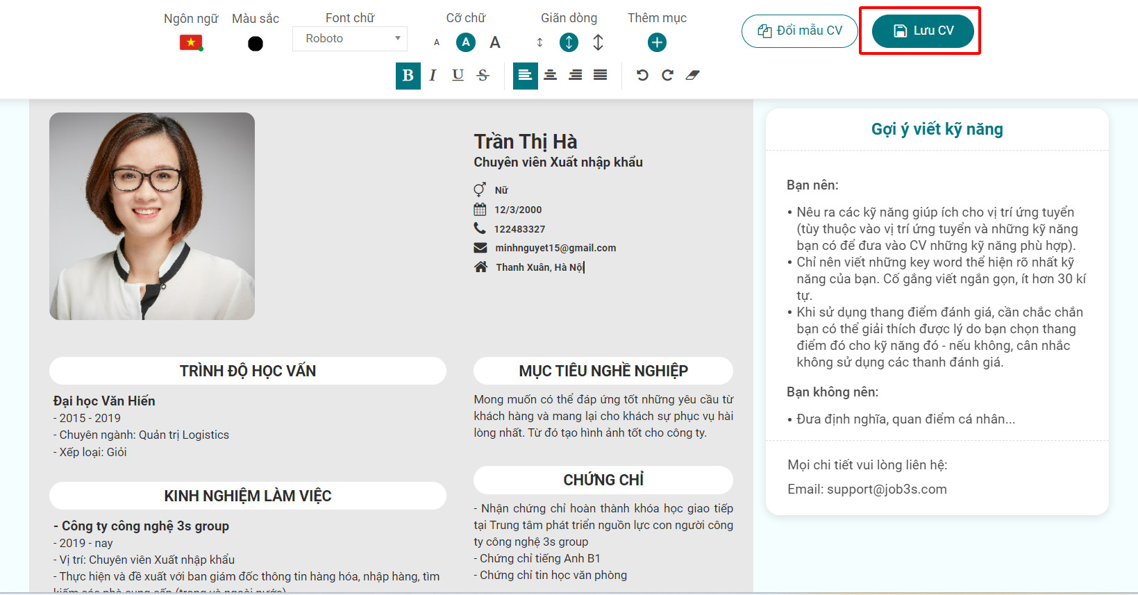 Sau khi chỉnh sửa thông tin trong CV thì tiến hành lưu lại