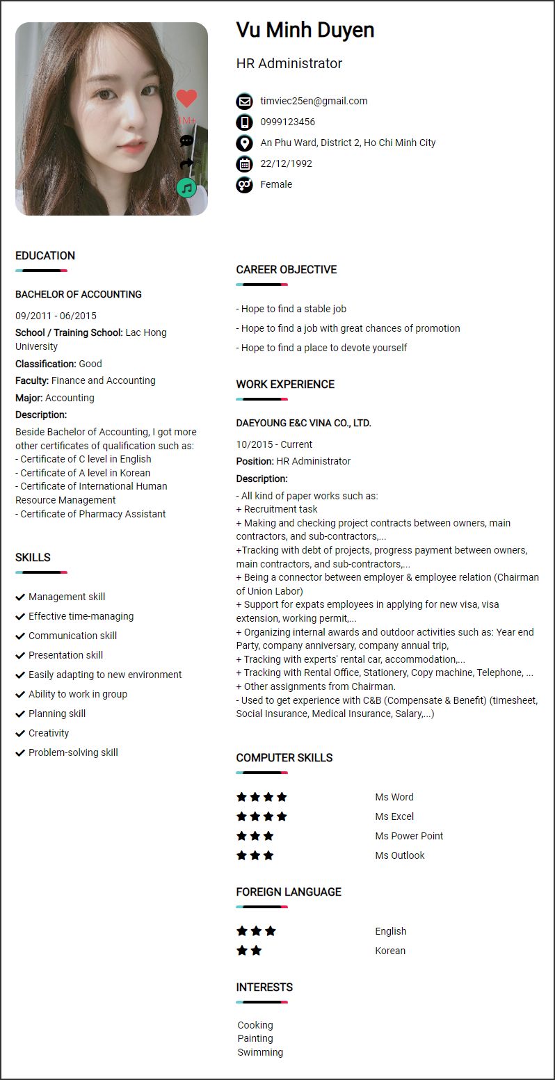 Mẫu cv nhân sự tiếng anh chuyên nghiệp