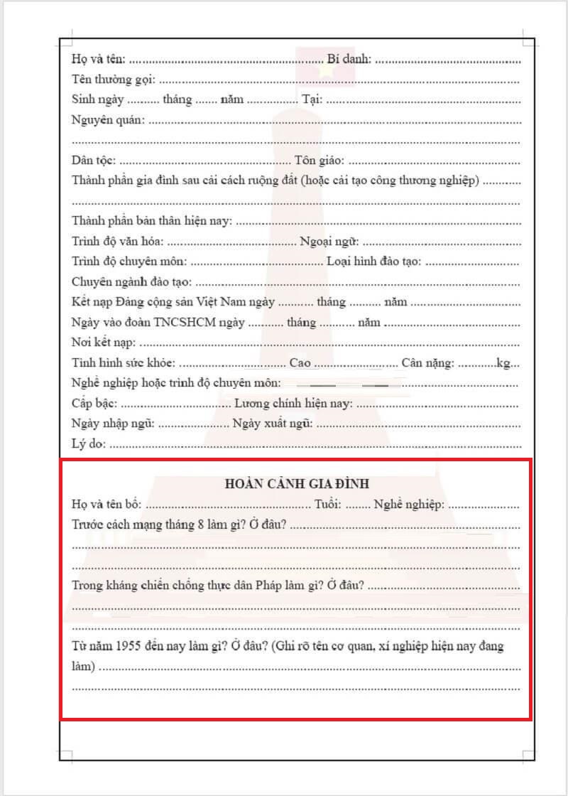 phần hoàn cảnh gia đình trong sơ yếu lý lịch