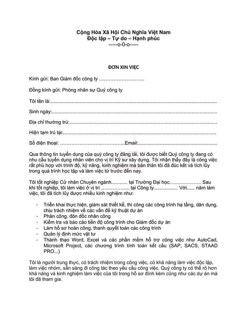 nghề nghiệp chuyên môn đơn xin việc
