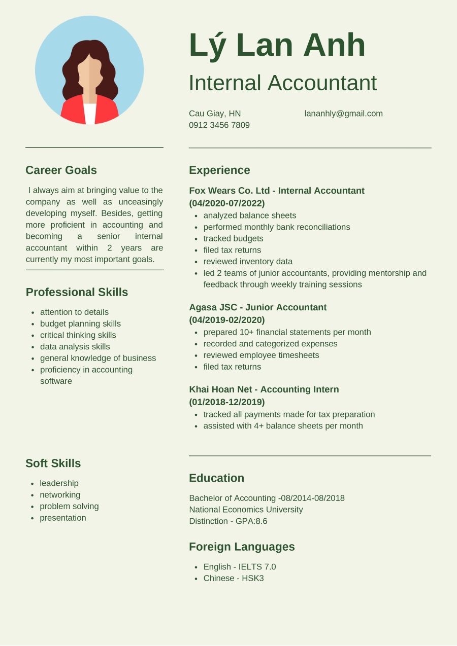 Mẫu CV thực tập sinh kế toán tiếng Anh
