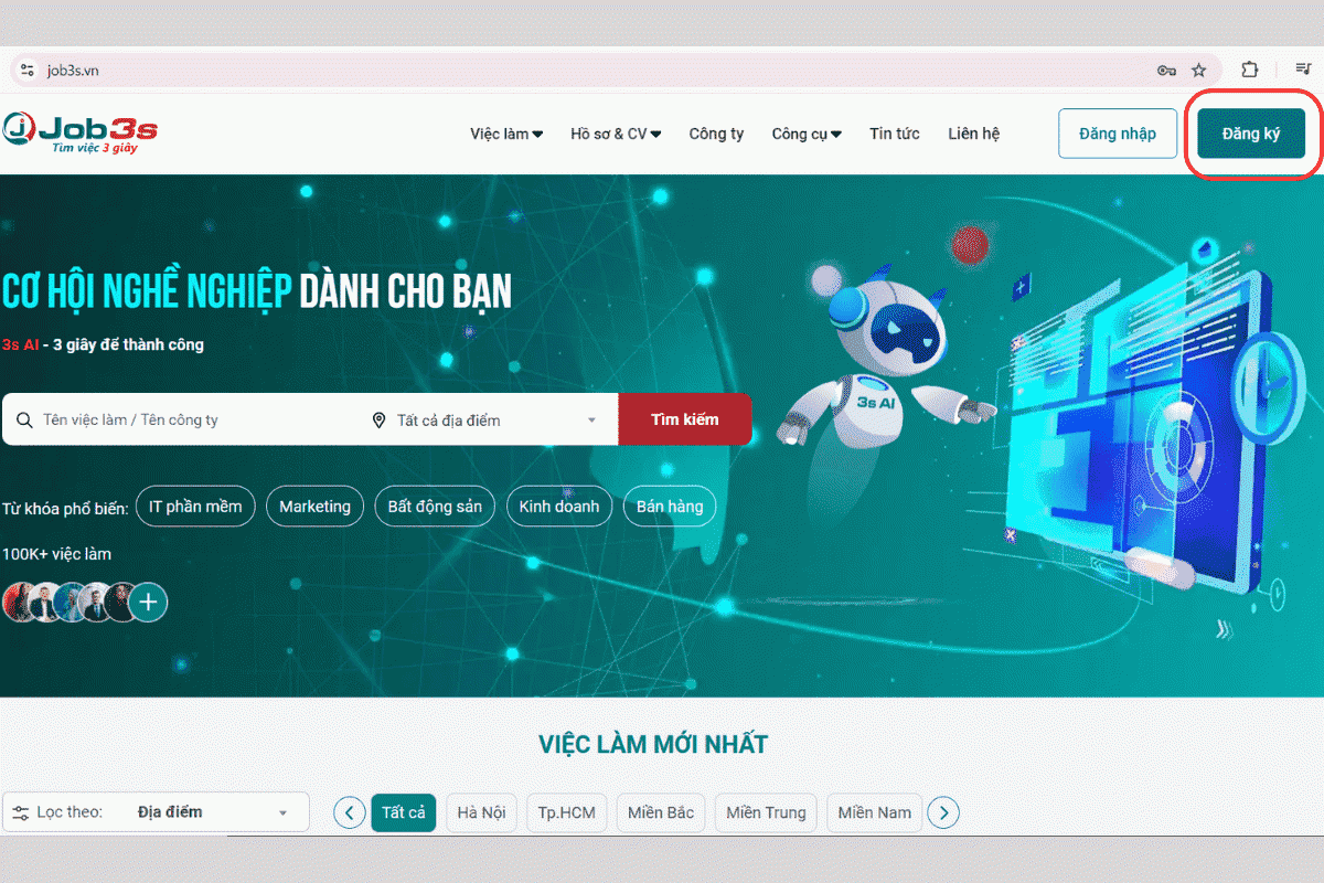 Đối với những ứng viên đã từng sử dụng website Job3s có thể bỏ qua bước đăng kí này