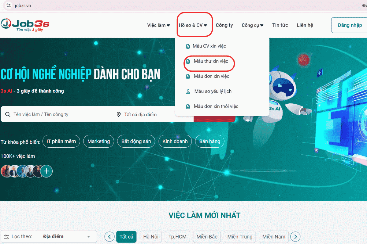 Hãy chú ý để không bấm nhầm vào mục “Mẫu đơn xin việc”