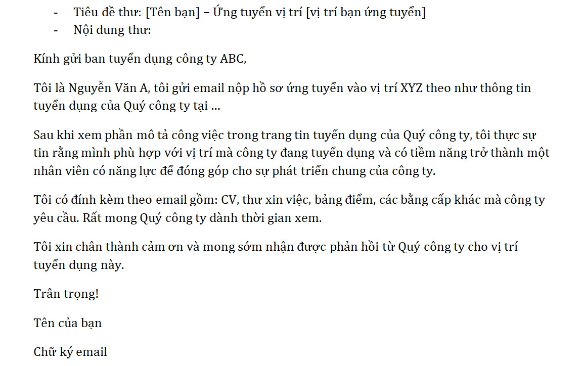 Mẫu thư xin việc bằng tiếng Việt khi gửi cho nhà tuyển dụng