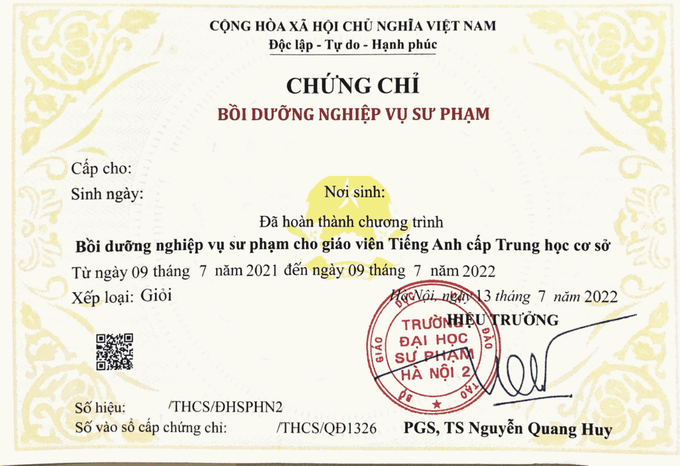 Mẫu chứng chỉ bồi dưỡng nghiệp vụ sư phạm dành cho giáo viên tiếng Anh bậc THCS